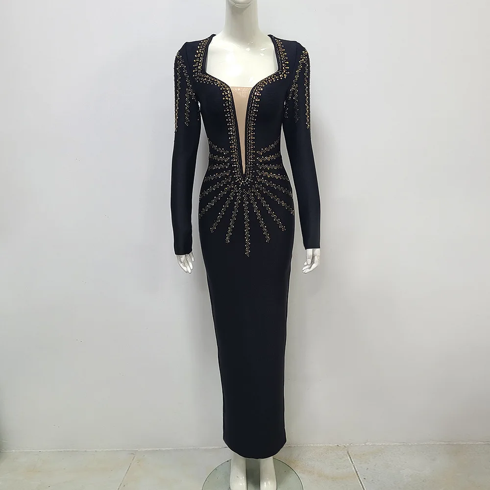 Luxury Diamond Deep V Neck Long Sleeve Maxi Bandage Prom Dresses Elegant Black Bodycon Celebrity Evening Party Runway Long Dress