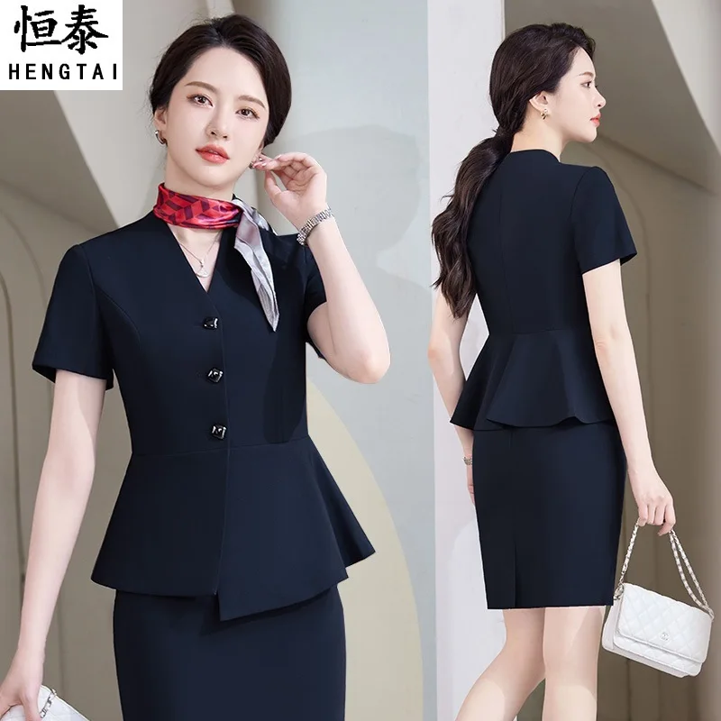 

Professional Suit for Women Summer Short Sleeve Elegant Hotel Front Desk Blazer Formal Jewelry Store Attendant Workwear Uniform
