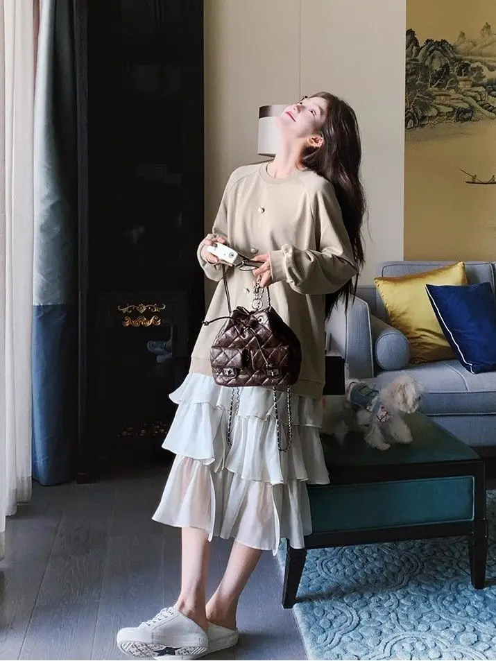 Autumn Winter Solid Color Fake Two Pieces Dress O-Neck Lantern Sleeve Knitted Cake Dresses for Women Fashion Casual Dress TS731