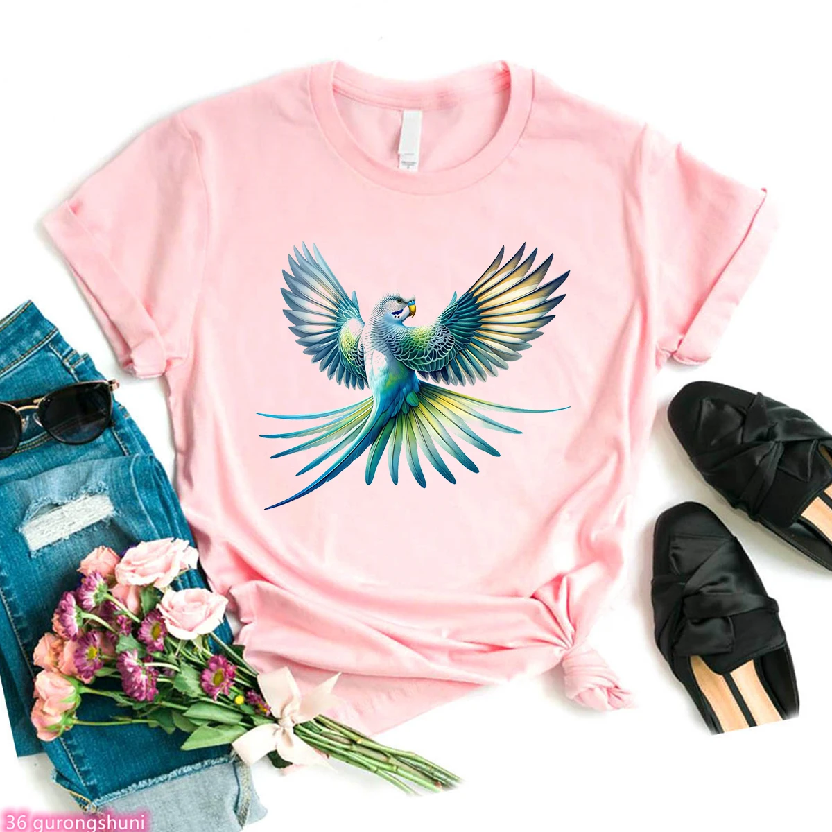 Watercolor Cockatiel Parrot Note Bird Print T-Shirt Women'S Clothing Funny White/Pink Tshirt Female Summer Fashion Top Tee Shirt