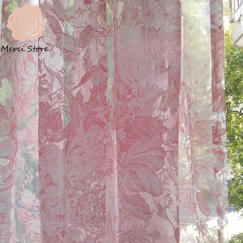 

Pastoral Flower Yarn Pink Gauze Curtains for Living Room BalconyWindow American Countryside Blackout Light Filtering Drapes
