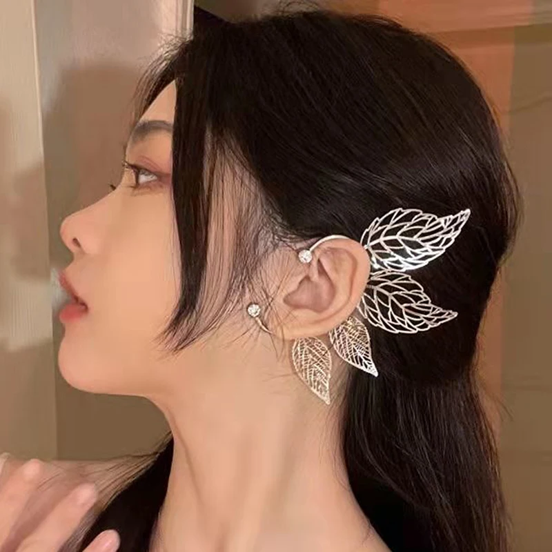 1Pc Chic Elf Ear Cuff Maple Leaf Hollowed Zircon Leaf Cosplay Fairy Earring Clips for Women Girls Wedding Ear Cuff Jewelry