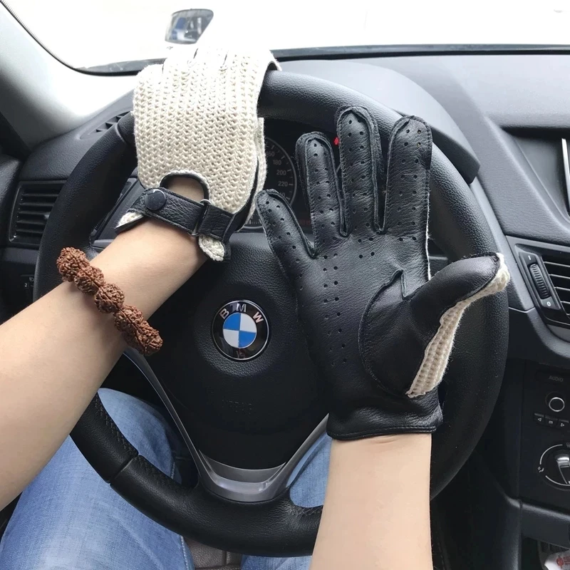 Fashion Men Leather Gloves Sheepskin Men\'s Motorcycle Riding Unlined Four Seasons Thin Car Driving Full Finger Driver Mittens