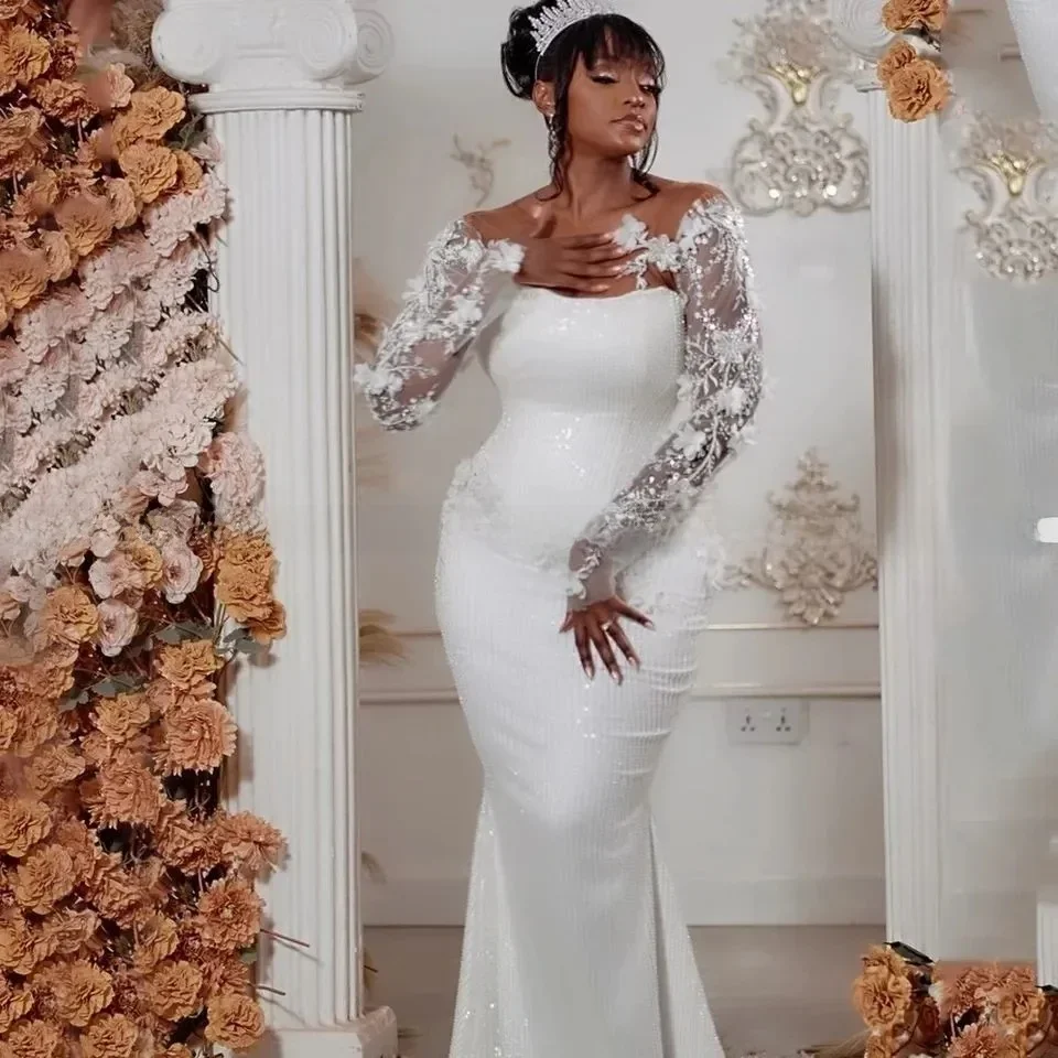 Customized Sheer Neck  Shinny Heavy Beads Plus Size Wedding Dress Vestido  Full Sleeves Handmade 3 D Flowers  Bridal Gowns