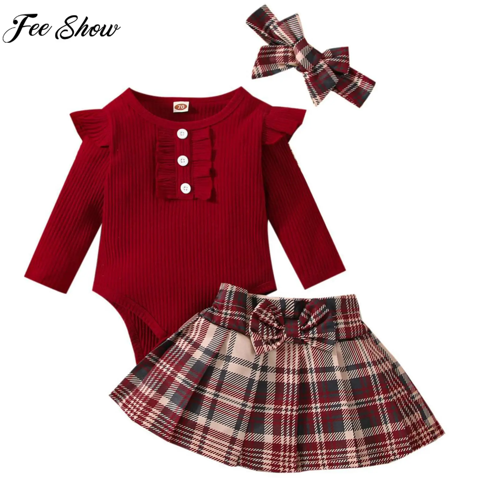 

Baby Girls Casual Clothes Set Long Sleeve Ruffle Solid Romper with Plaid Skirt for Baptism Birthday Party Daily Wear Loungewear