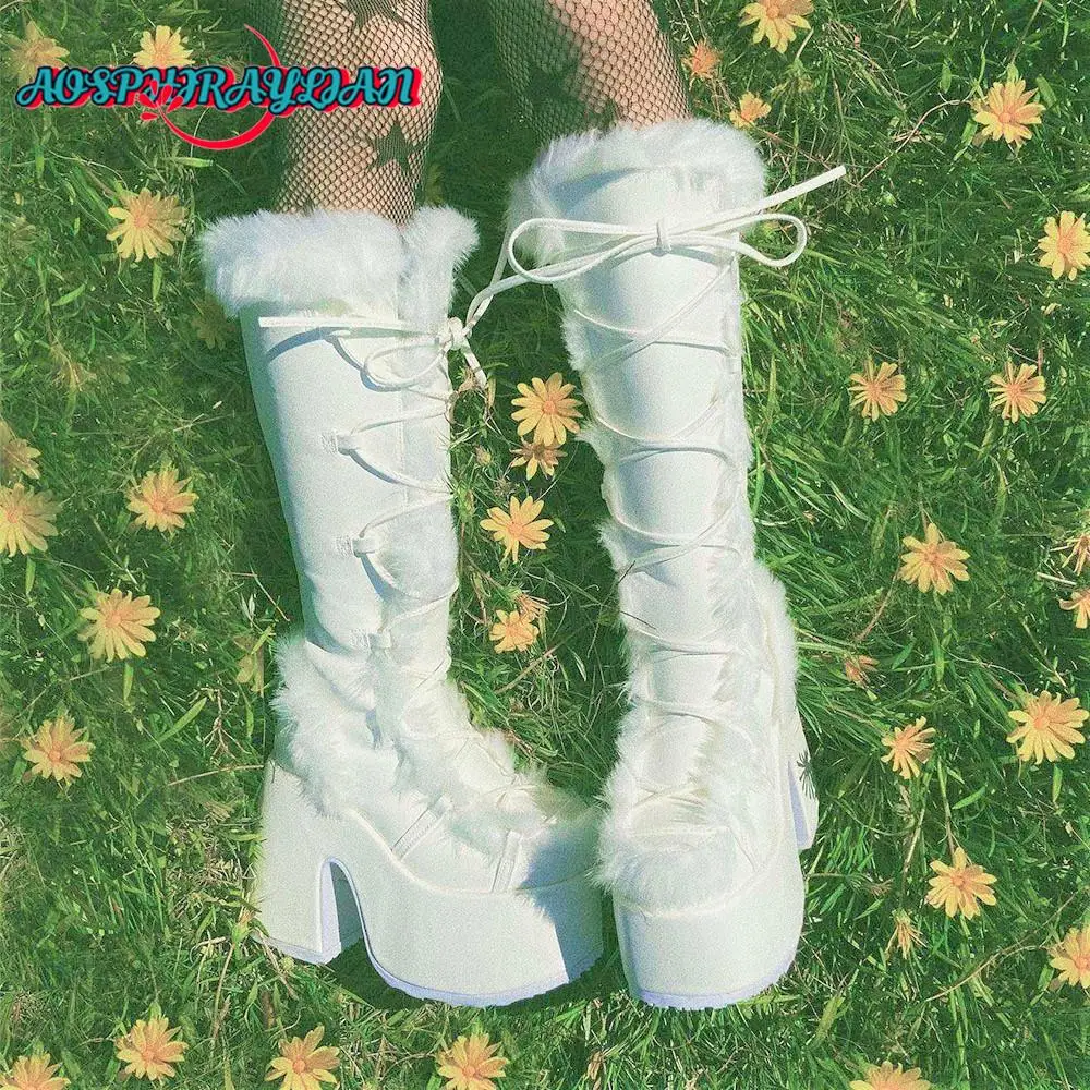 

Women's Fashion Waterproof Platform High Heel Knee High Boots Lace Up Winter Goth Punk Shoes