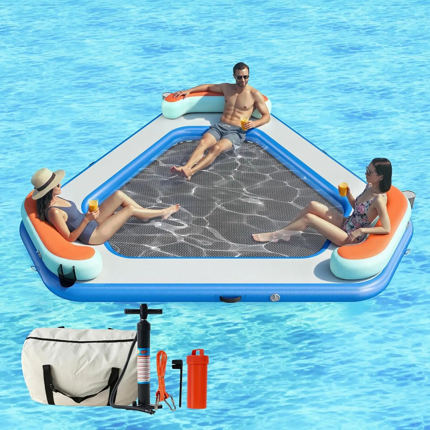 Inflatable Triangle Water Hammock 10FT with Mesh for Adults, Floating Dock Pool Raft with Mesh Pocket and Support Pillows, for Lake Beach Party Tanning