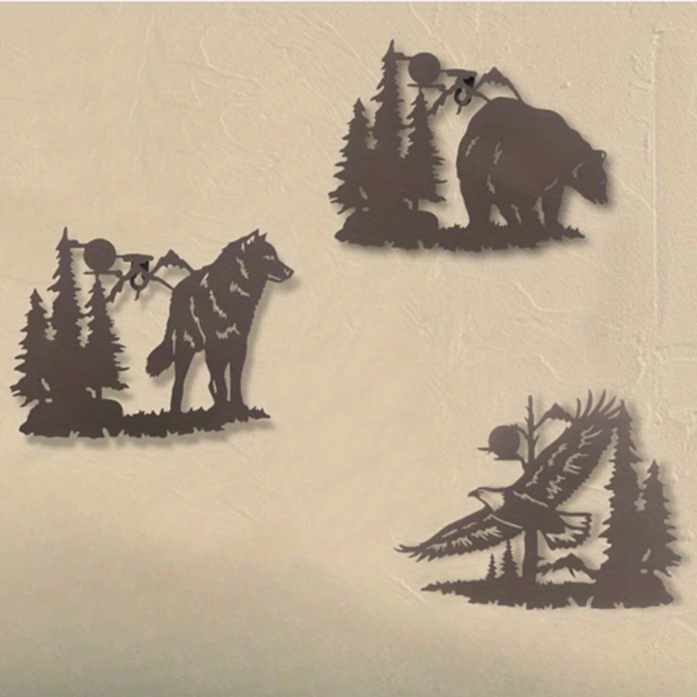 

Настенное искусство в деревенском стиле дикой природы: 3 шт. набор лунного волка медведя-лазерная резка металлический декор для комнаты, дома, двора, сада и праздника