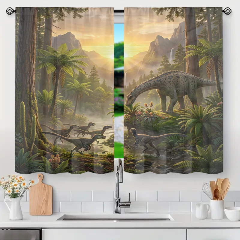 Jurassic Dinosaur Jungle Curtain Set Semi-Sheer Tropical Forest Scene T-Rex Dino Window Drapes Home Decor Waterproof Kitchen Bat