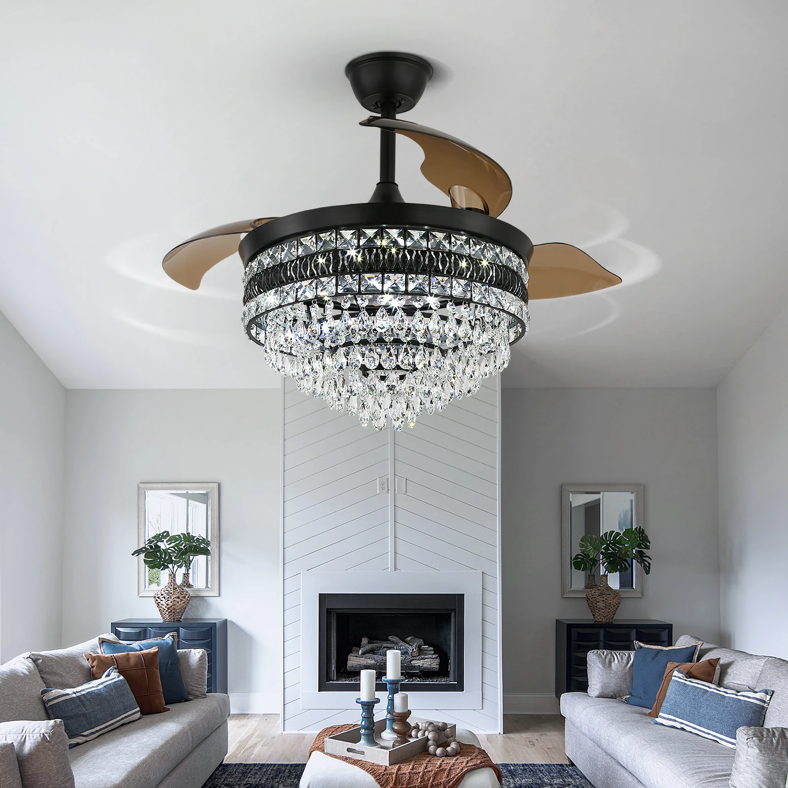 Modern Smart Ceiling Fan Chandelier Gold RC Adjustable 6 Speed Pendant Light Luminaire Bedroom 3 Heads Led Fandelier Lamp Indoor