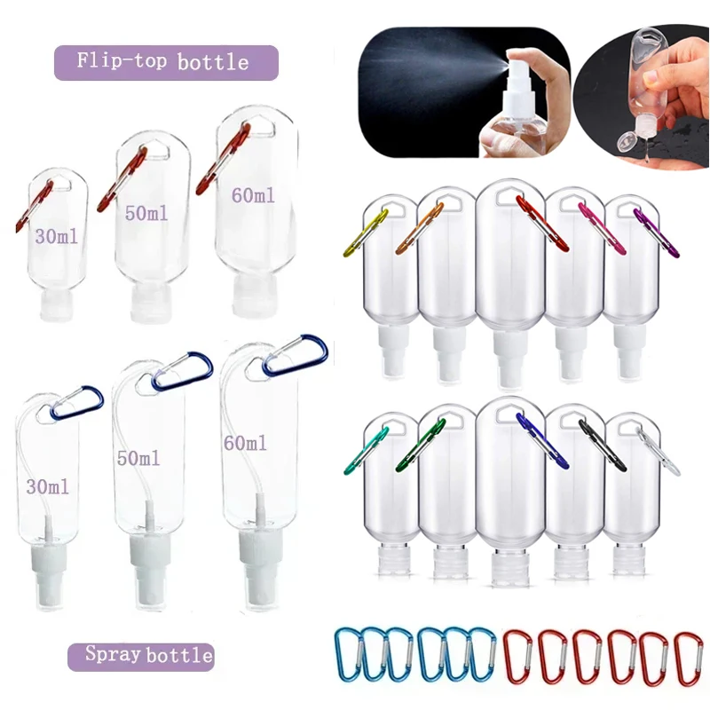 100 Stück 30–60 ml tragbare leere durchsichtige Plastikflaschen mit Schlüsselanhänger und Spray/Flip-Cap, nachfüllbare Mini-Reiseprobenbehälter