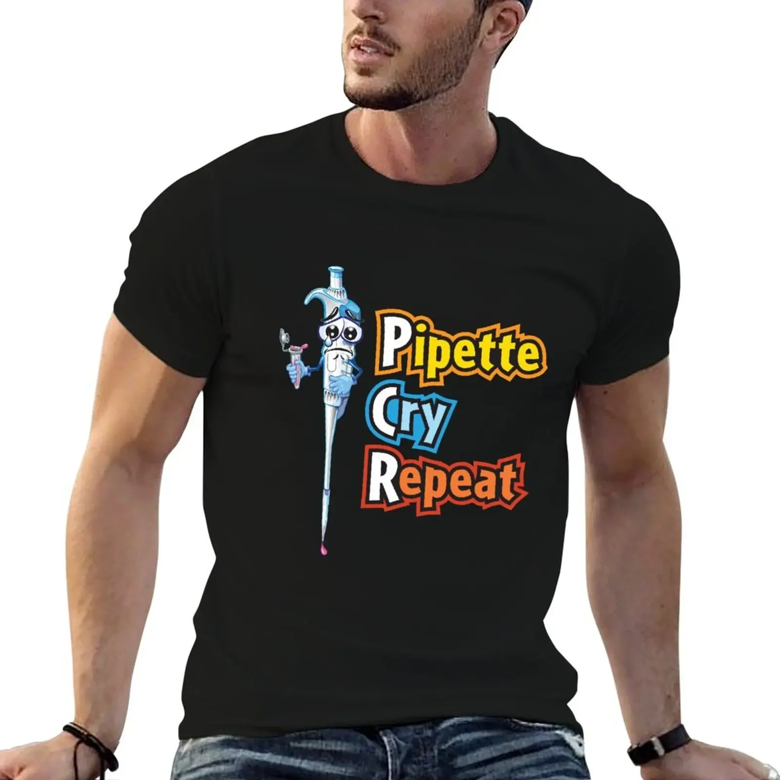 Pipette Cry Repeat Funny - PCR Science and Biology SciArt Cartoon T-Shirt vintage mens clothes