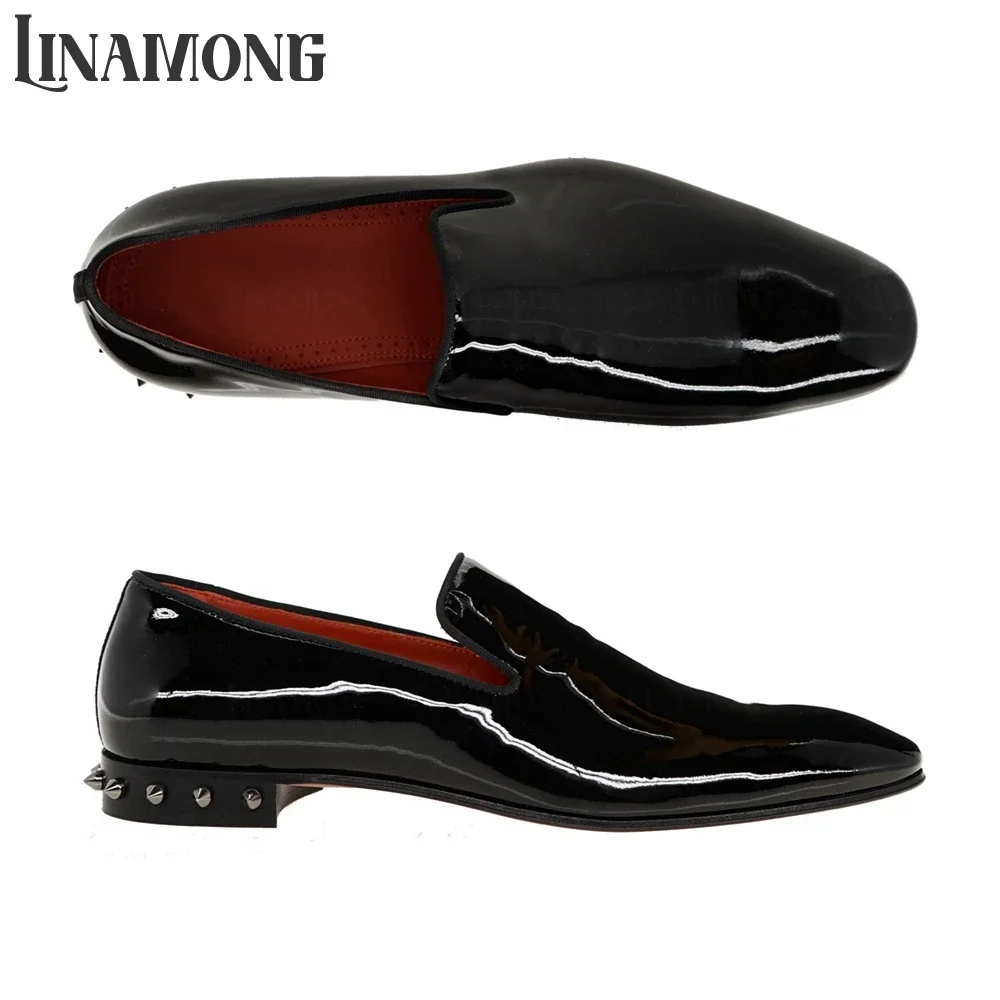

Black Patent Leather Rivet Loafers Designer Slip-On Oxfords Almond Toe Classic Style Dress Shoes for Men Banquet Leather Shoes