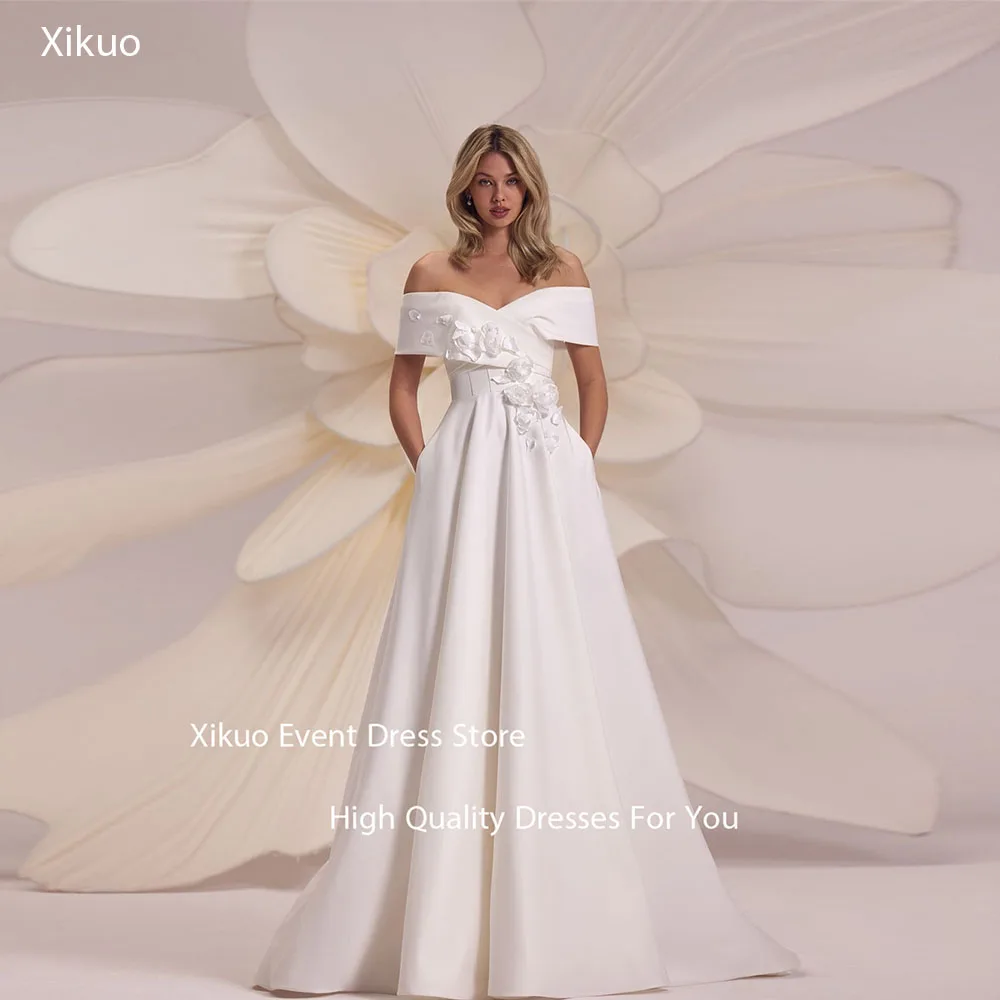 Xikuo Атласные вечерние платья с открытыми плечами 3D цветы длиной до пола, свадебное платье, летние плиссированные платья для выпускного вечера по индивидуальному заказу