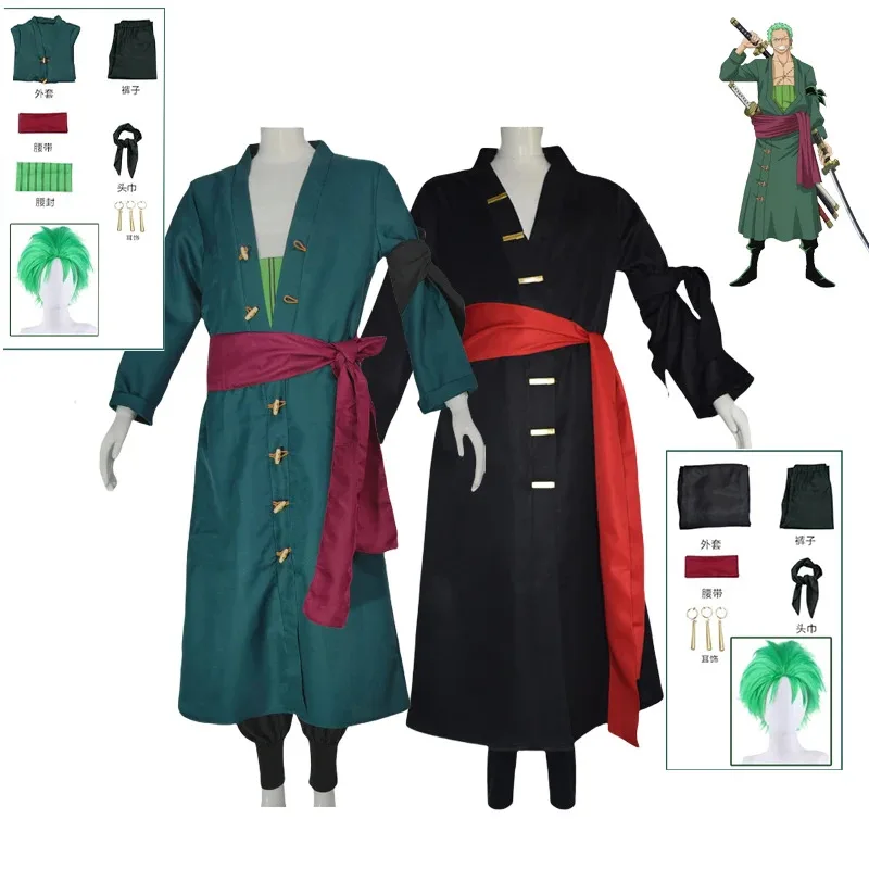 

LQRoronoa Zoro Cosplay Costume Set Green Black Dress Pirates Suit Green Wig Earrings Manga Anime Dress Up Party Costumized Outfi