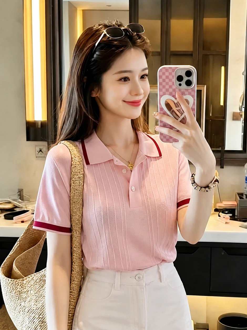 

Sweet Style Korean Version Collar Knitted Shirt Gentle Short Sleeve Unique Quality Summer Top for Young Women