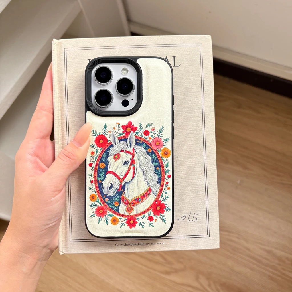 2026 سنة النمط الصيني الأحمر الأبيض الحصان إطار صور زهرة إكليل نمط غطاء الهاتف القضية آيفون 17 16 15 14 13 برو ماكس #5