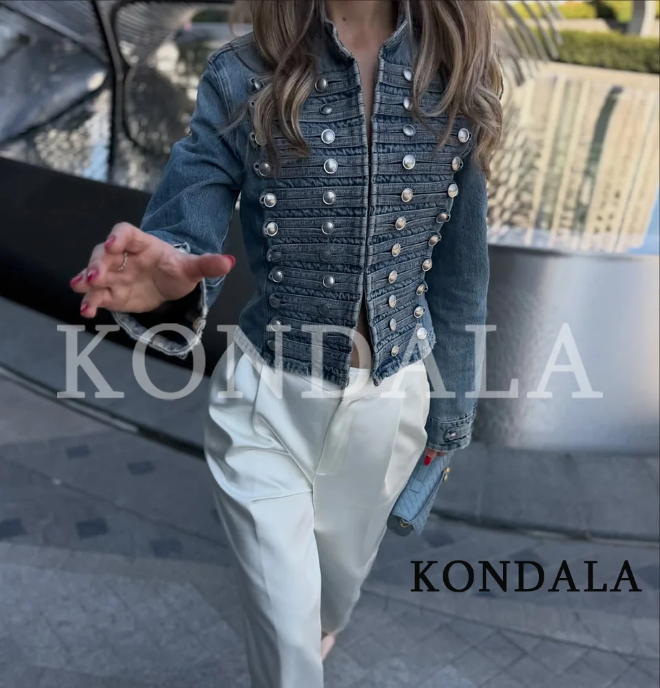 KONDALA Elegant Vintage Buttons Denim Jacket Women's High Street Trendy Napoleon Jacket 2026 Spring Retro Chic Jacket for Ladies