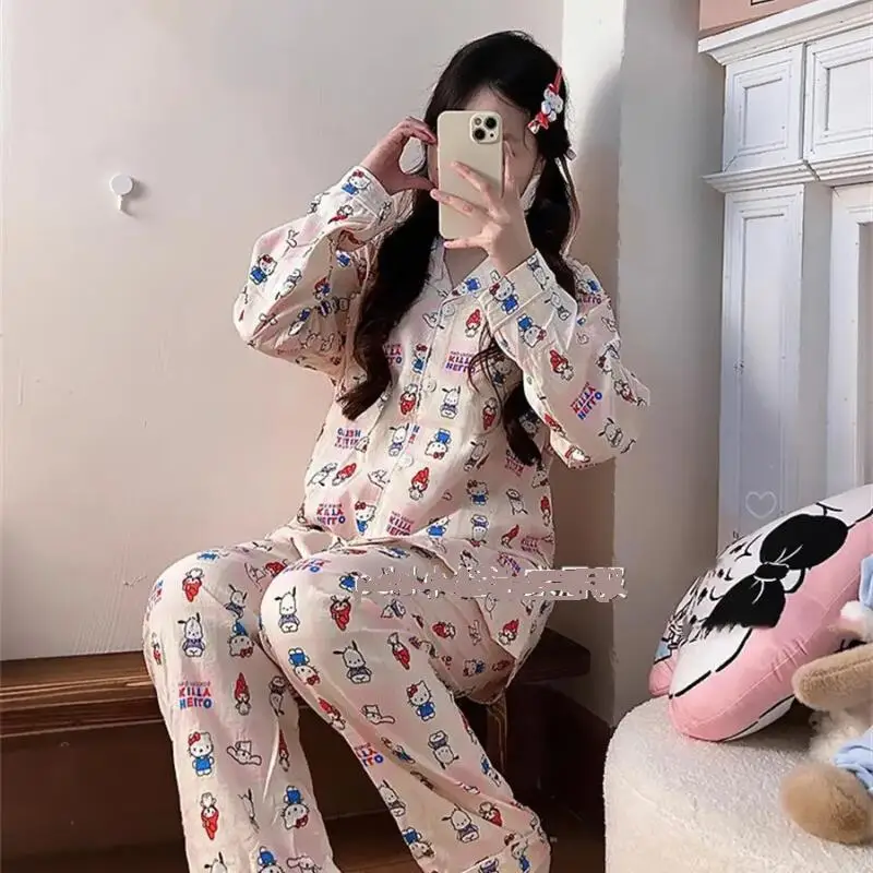 

Women's Sleeping Pajamas Sets Kawaii Cartoon Autumn and Winter Leisure Long Sleeve Pants Lapel Home Clothes New
