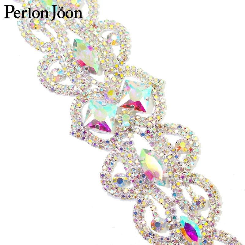 flower shape Silver AB Crystal Long Rhinestone Applique DIY Sew on Wedding Dresses Headbands Belts Decorative Accessories YHC039 image 3