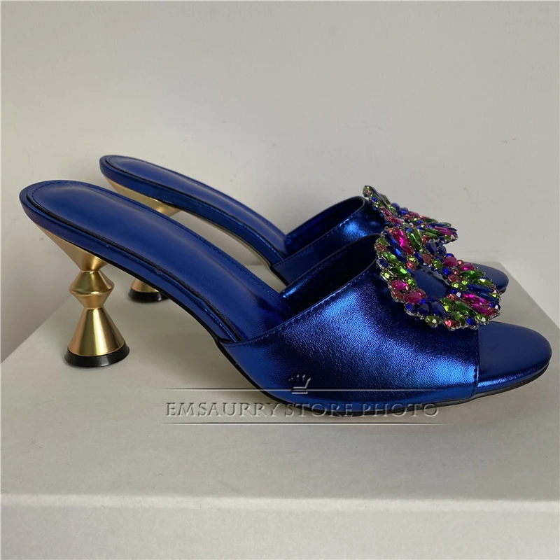 Colorful Rhinestone Buckle Modern Sandals Women Metal Strange Heel Genuine Leather Slingbacks Summer Mules