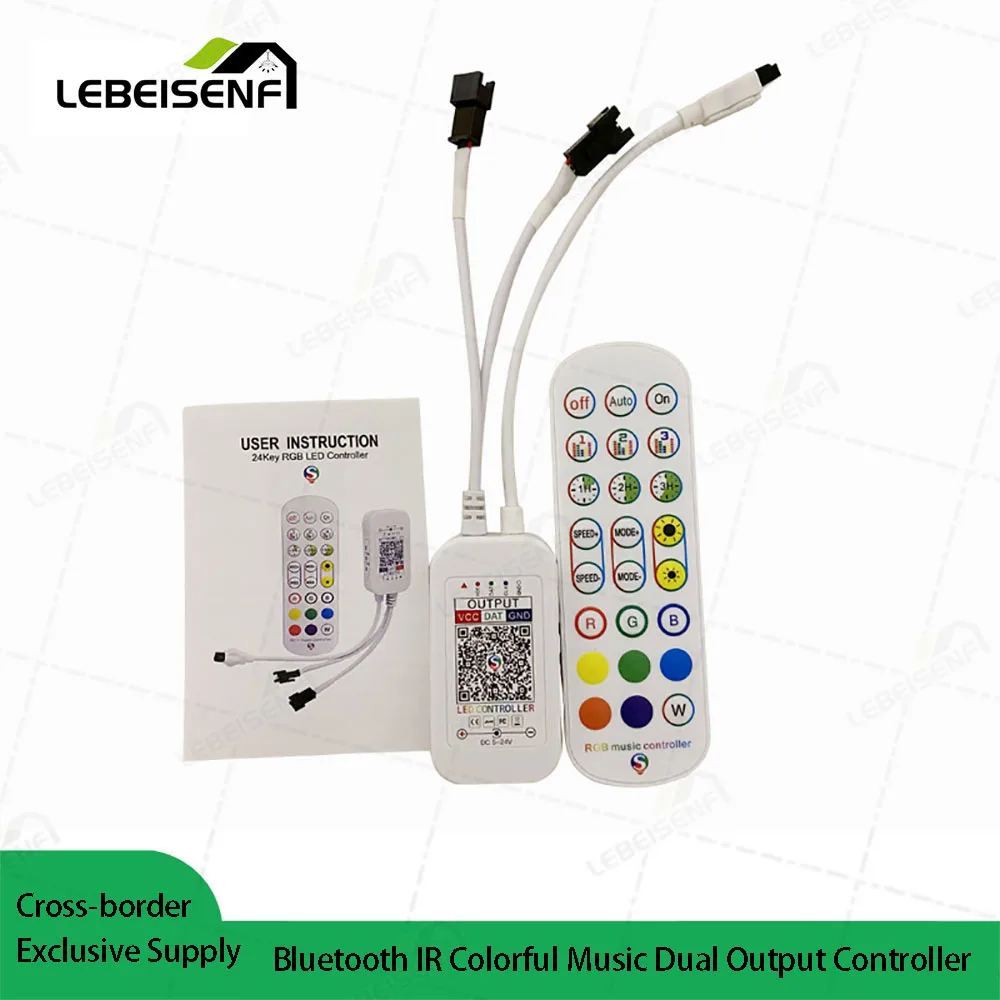 DC5V-24V Bluetooth-Compatible Music Symphony Dual-Head LED Controller IR 24 Key Remote For WS2812 WS2811 1903 LED Light Strip