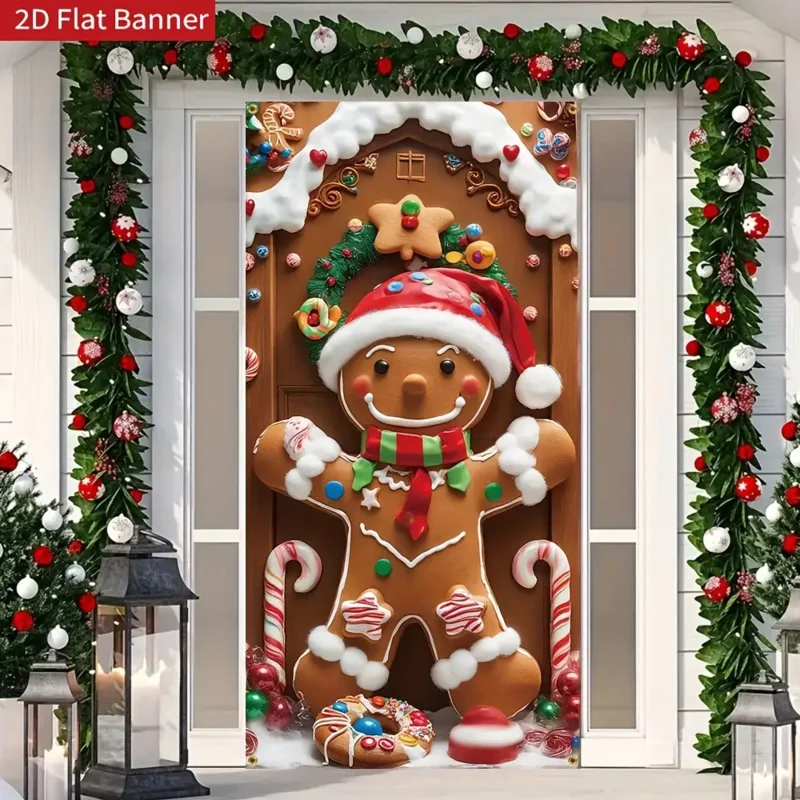 1Pieces2DLarge Gingerbread Man Door Curtain -Suitable for Christmas、Indoor/Outdoor Use - Easy to Hang，No Electricity Required
