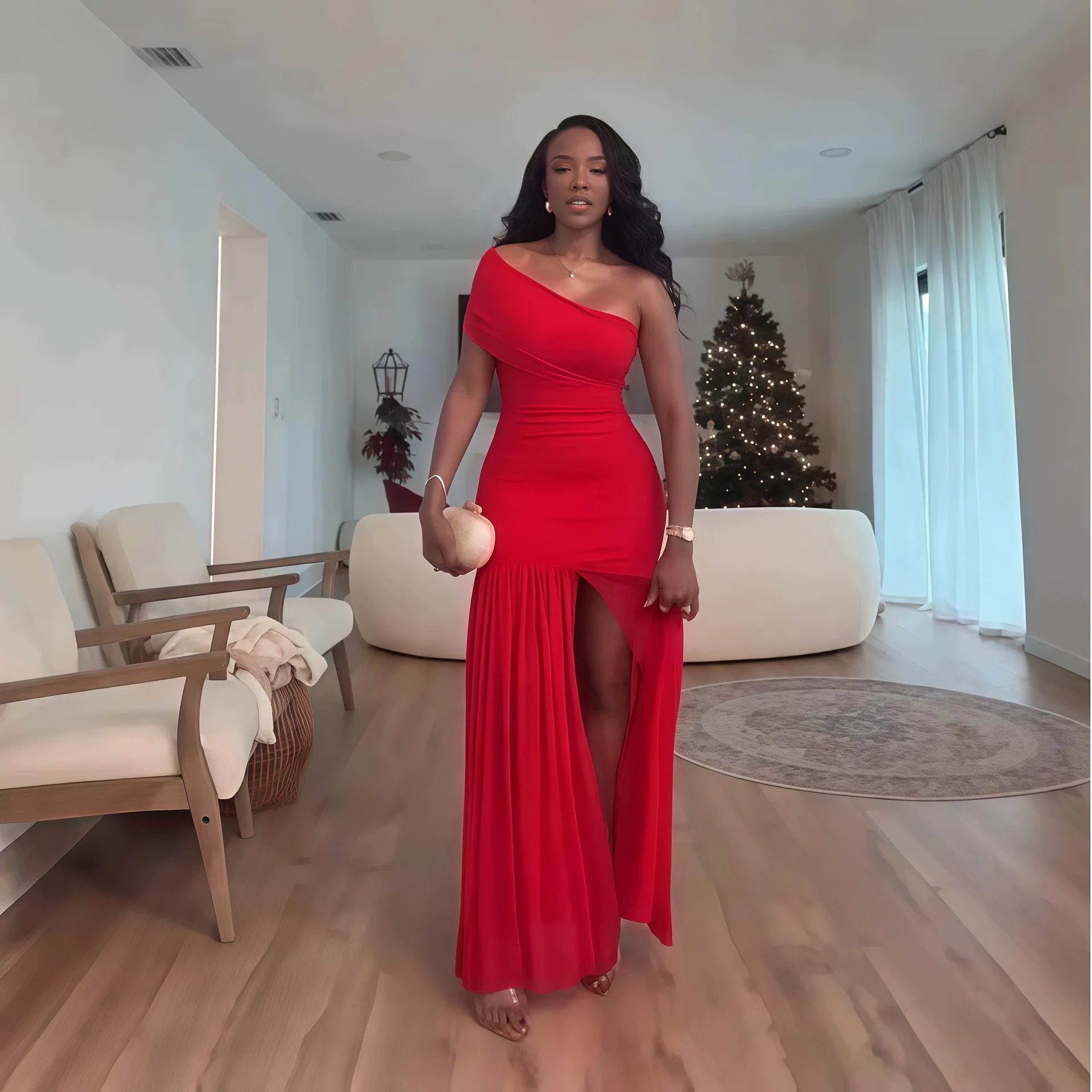 Wiosenna nowa sukienka damska 2025 w jednolitym kolorze bez rękawów ze skośnym kołnierzem składana dopasowana długa sukienka z rozcięciem