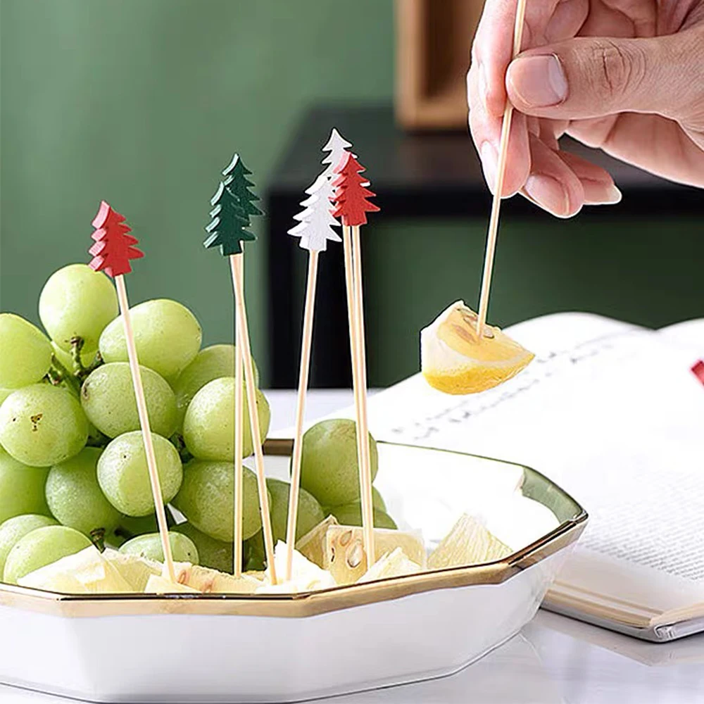 50/100pcs Christmas Day Fruit Sticks, Disposable Bamboo Sticks ChristmasTree Fruit Picks Sushi Picks Creative Cocktail Flower