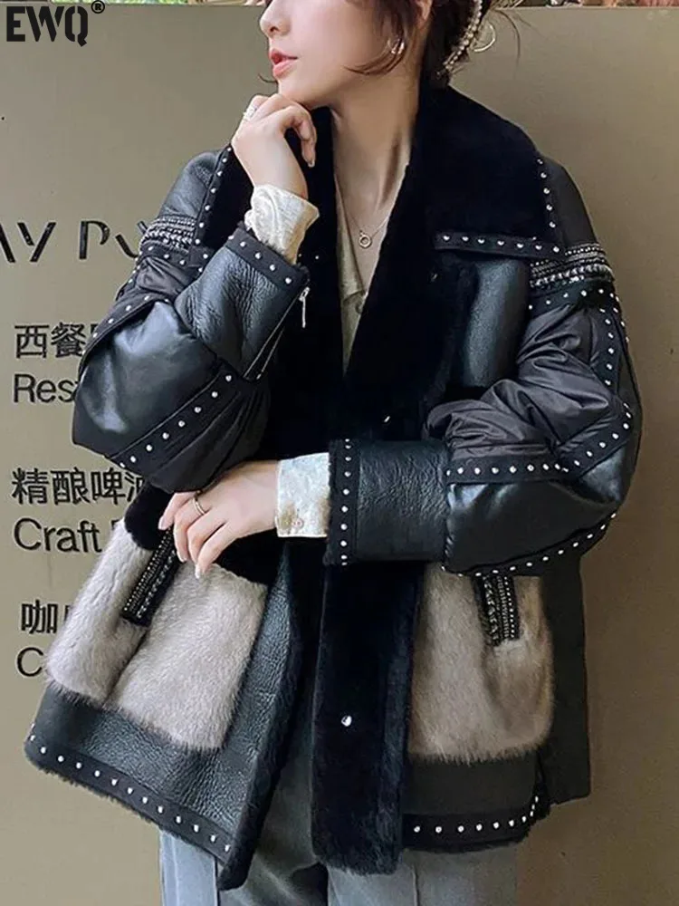 [EWQ] Korean Style Patchwork Lamb Wool Double Faced Fur Jacket Loose Casual Single Breasted Coat Women 2024 Spring Winter 6U6653