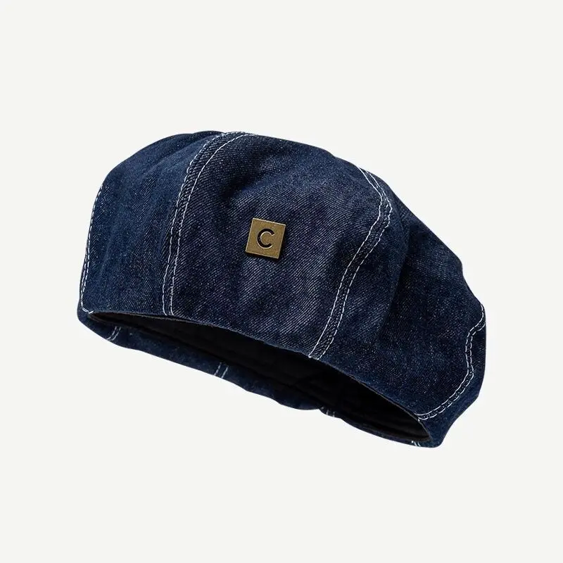 قبعة بيريه من الدنيم للنساء مقاس كبير للرأس للربيع والخريف مطبوعة بحروف زرقاء وجه مستدير قبعة فنان مثمنة كلاسيكية #6