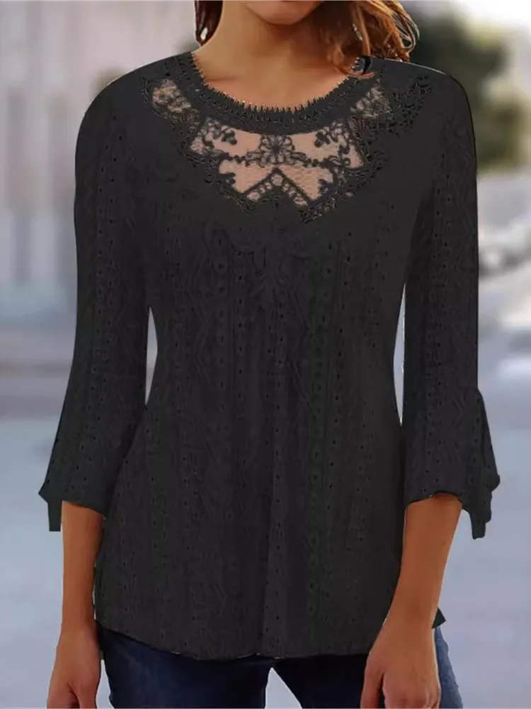 Spring Summer New Lace Tops T Shirt O Neck Women's Elegant Casual Fashion Solid Flare Sleeve Hollow Out T Shirts Tshirts