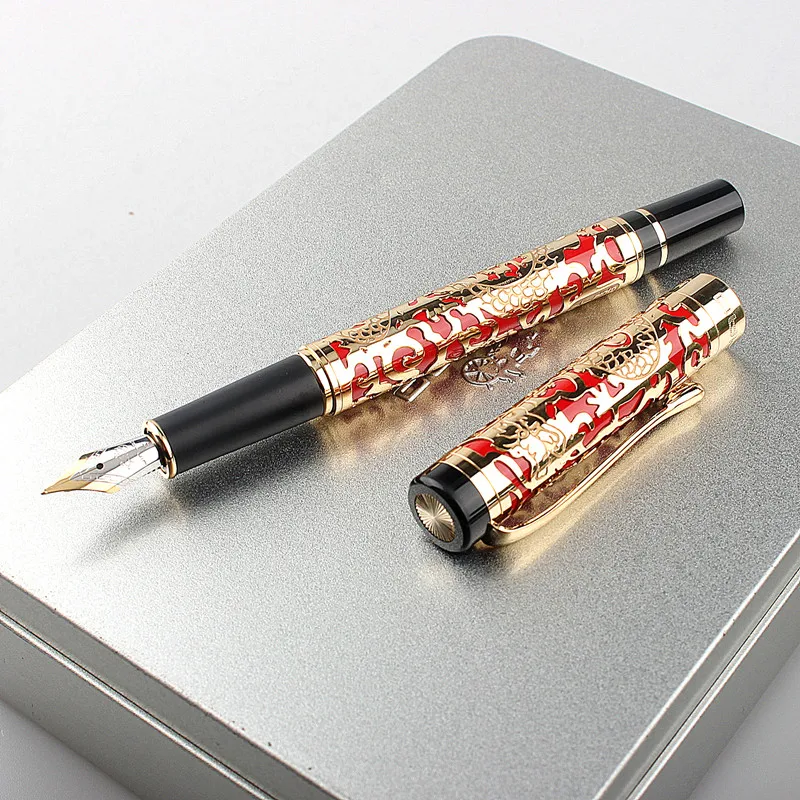 Jinhao Dragon Texture Carving Metal Luxury Fountain Pen Business Writing Calligraphy Pens Office School Stationery Ink Pen