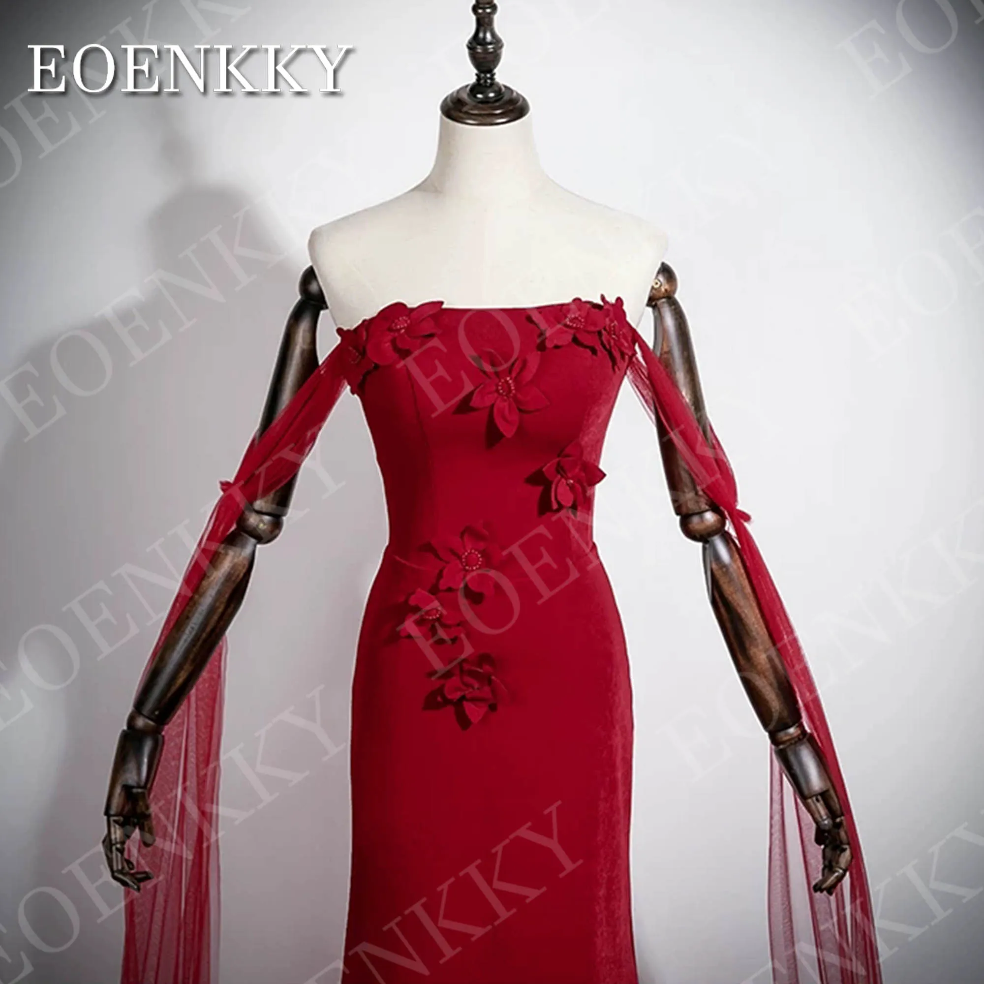 EOENKKY 인어공주 스타일 아름다운 이브닝 드레스 모던 오프숄더 레드 3D 꽃 장식 파티 드레스 맞춤 제작 긴 이브닝 드레스인조 아름다운 저녁 드레스 현대 어깨에서 빨간 3D 꽃 파티 드레스 주문을 받아서 만들어진