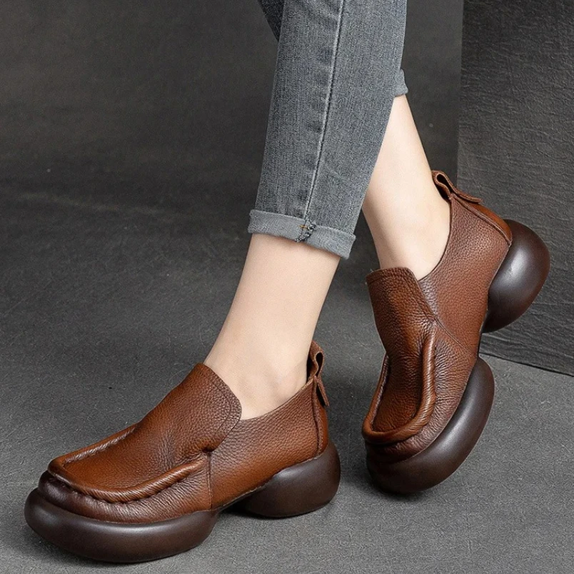 

2025 г., осенне-летние женские удобные туфли на плоской подошве из натуральной коровьей кожи, женские лоферы без шнуровки, женские туфли на танкетке на платформе