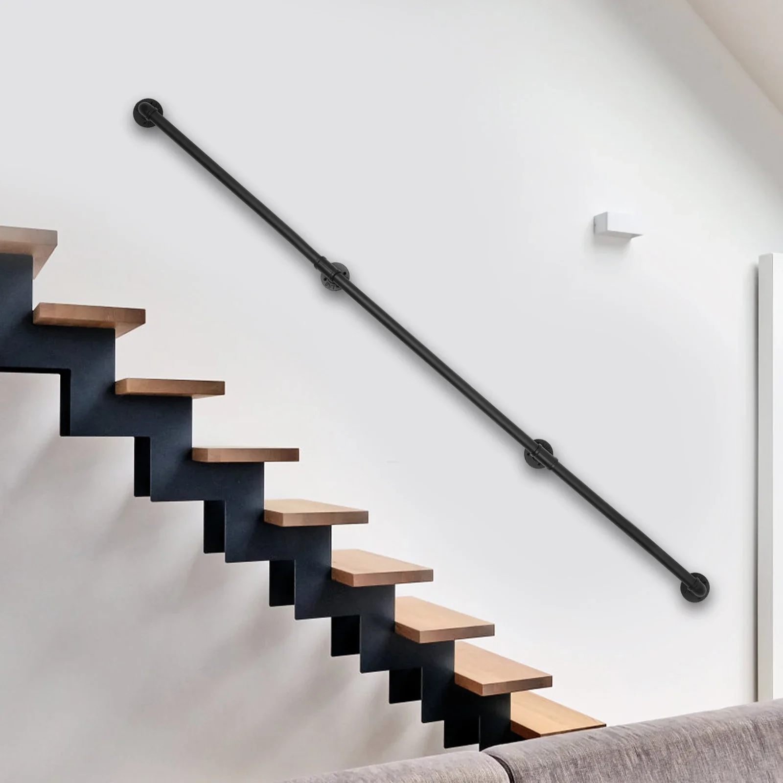 

Nordic Wall-mounted Staircase Grab Pipe Handrail 12/8 Feet 3 Sections Metal Sturdy Load-Bearing Capacity for Stairs