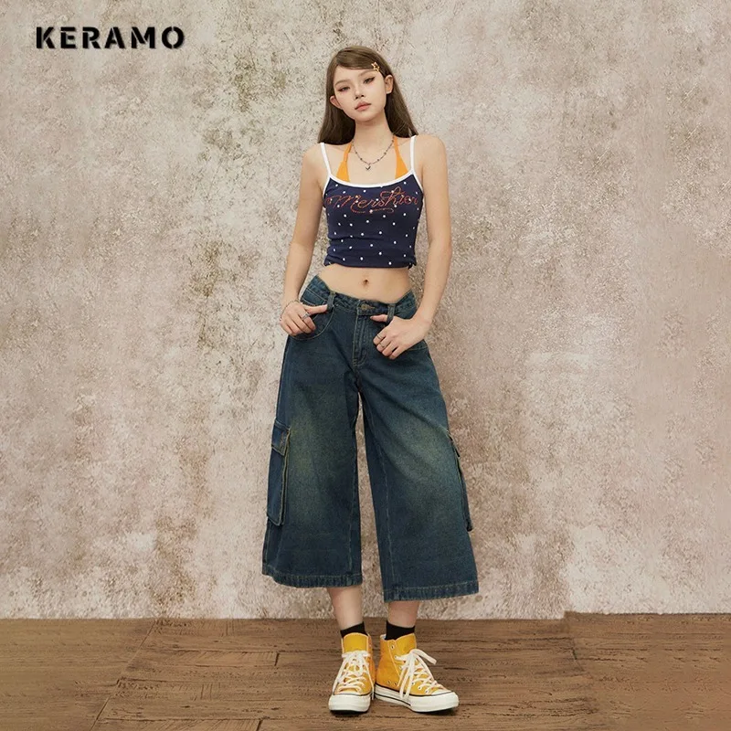 Casual Eclectic ตรงกางเกงยีนส์กางเกงผู้หญิง Y2K Grunge 2000s Street Retro เอวสูงกางเกงยีนส์ Vintage กระเป๋าลูกวัวความยาวกางเกง