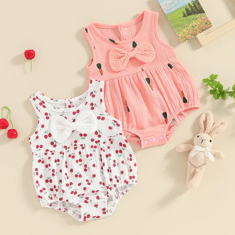 

Baby Girls Bodysuit Cherry/Carrot Print Bowknot Round Neck Sleeveless Infant Bodysuits Summer Clothes