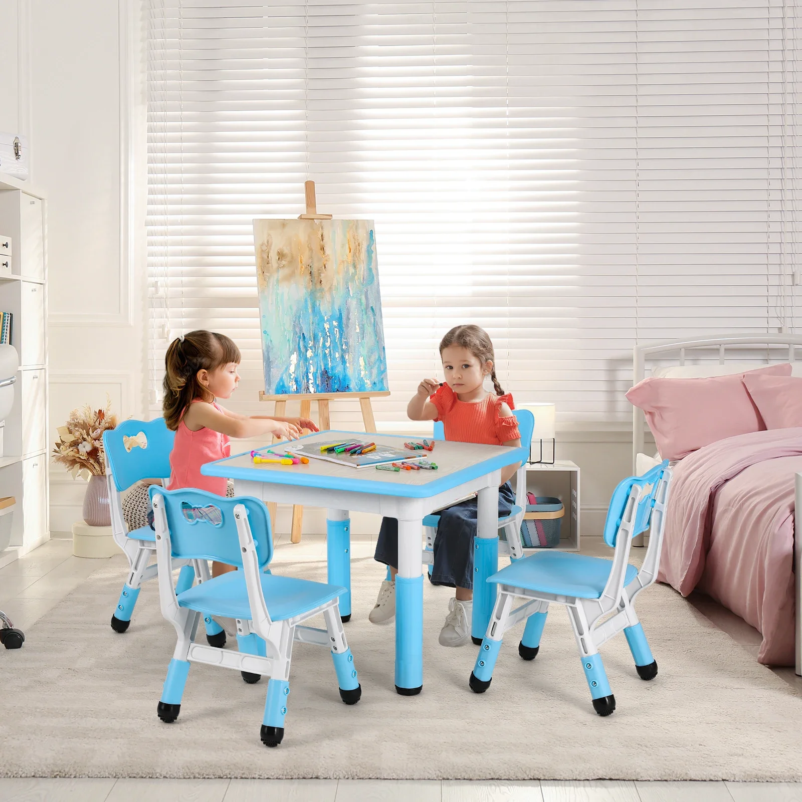 

Kids Table And 4 Chairs Set Height Adjustable Toddler Study Table Set Multi-Activity Art Table Graffiti Desktop Age 2-10 Play