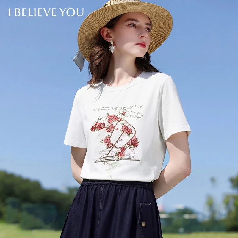 

I BELIEVE YOU White Short Sleeved T-Shirt For Women 2026 Summer Round Neck Printed Embroidered Loose Commuting Top 2262016350