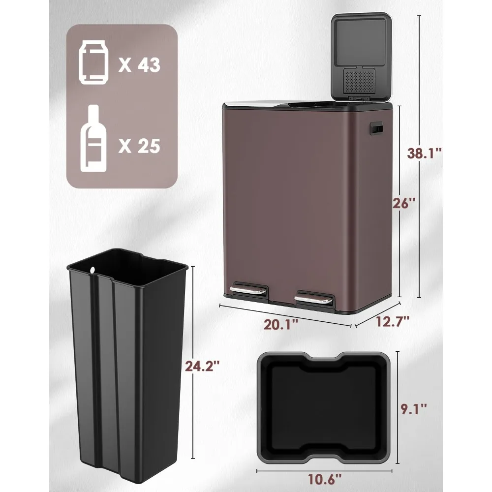 سلة مهملات مزدوجة Arlopu سعة 16 جالون مع صندوق مدمج للتحكم في الرائحة، سلة قمامة المطبخ بدون استخدام اليدين، سلة مهملات إعادة التدوير، إغلاق ناعم