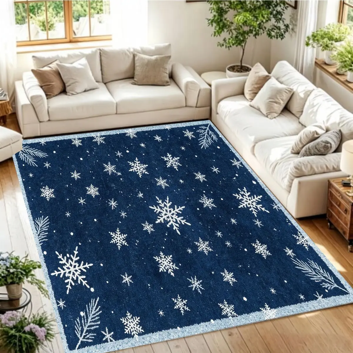 1pc Rectangular Snowflake Area Rug, Soft Velvet Christmas Decor Mat, Non Slip Winter Blue Festive Rug for Living Room, Bedroom