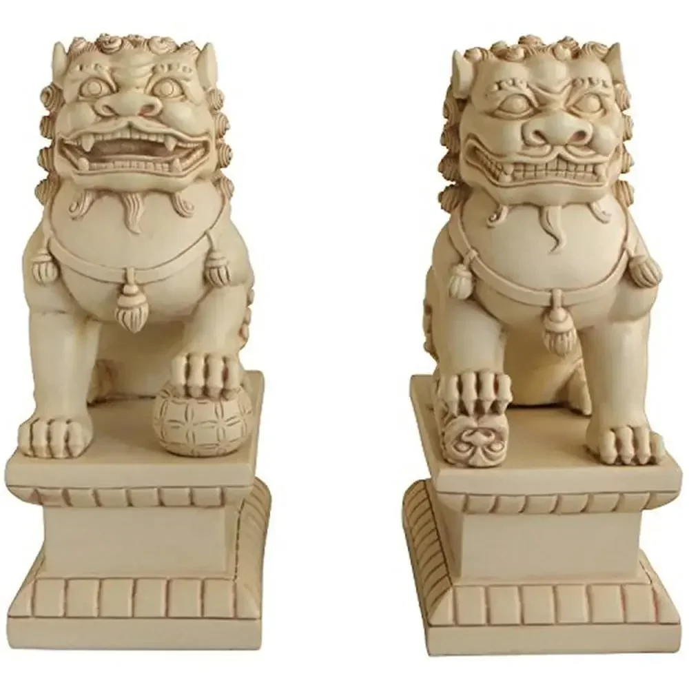 Asian Foo Dogs Guardian Lions Pair Statue Stone Finish Symbol Success Prosperity Indoor Outdoor Protector Guardian Decor 18in