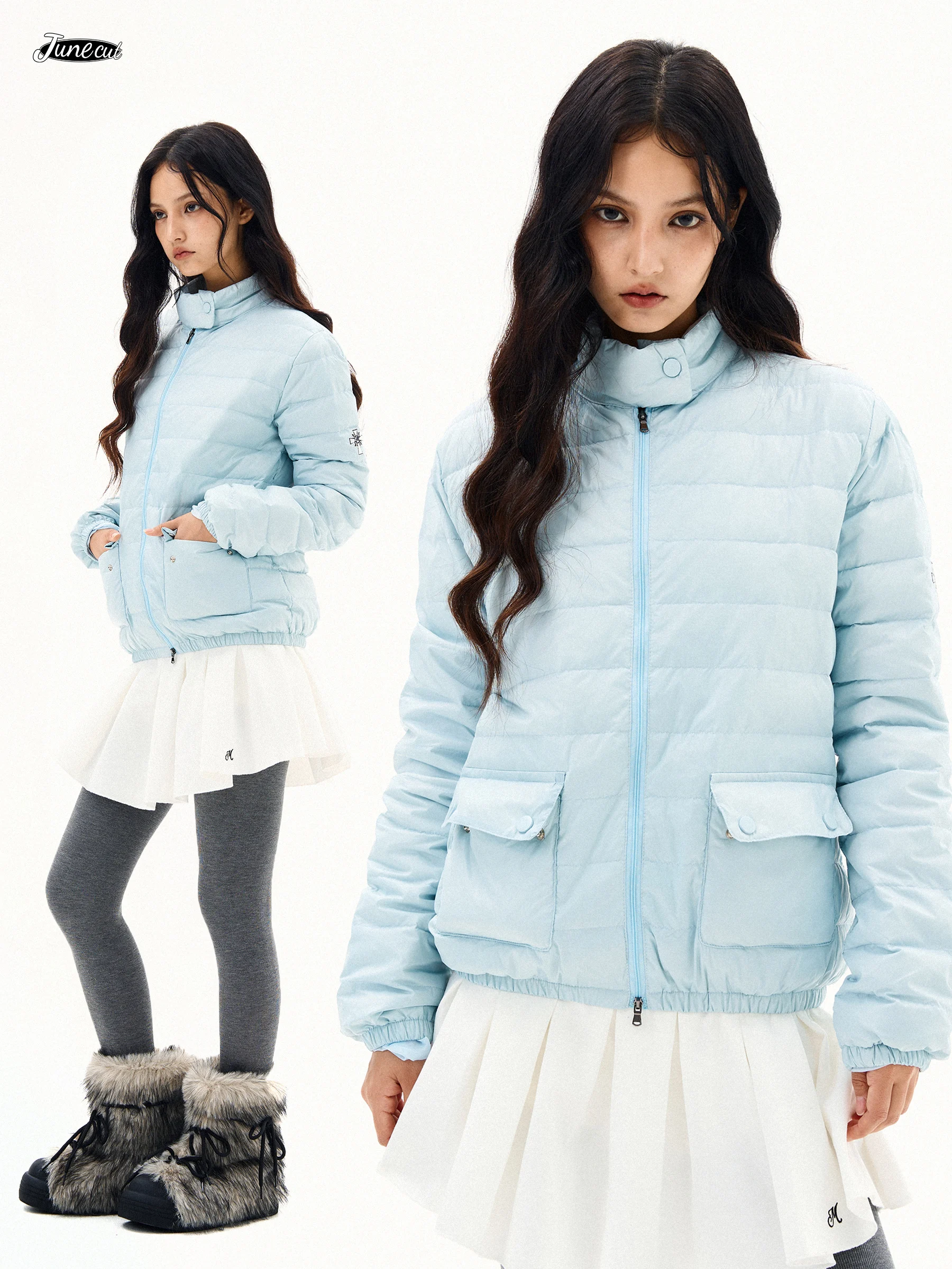 

Зимняя новинка JUNECUT: легкая женская куртка из белого пуха с воротником-стойкой, ветрозащитная, в американском стиле, с ребристой отделкой, для повседневной носки