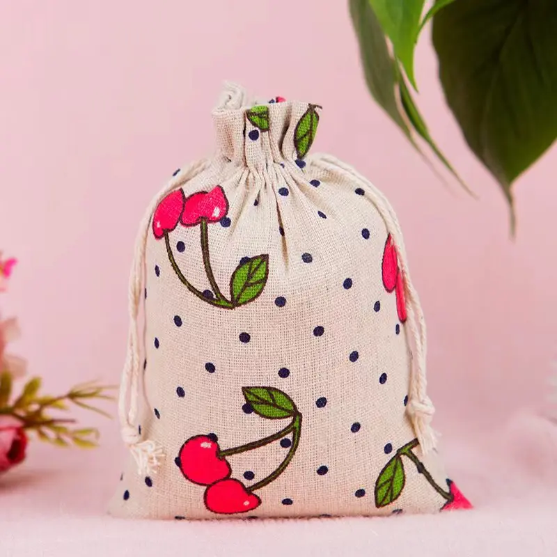 100pcs/lot 10*14 13*18 15*20cm Drawstring Cotton Linen Fabric Bags Cute Plant Print Pouches Cosmetic Jewelry Gift Packaging Bag