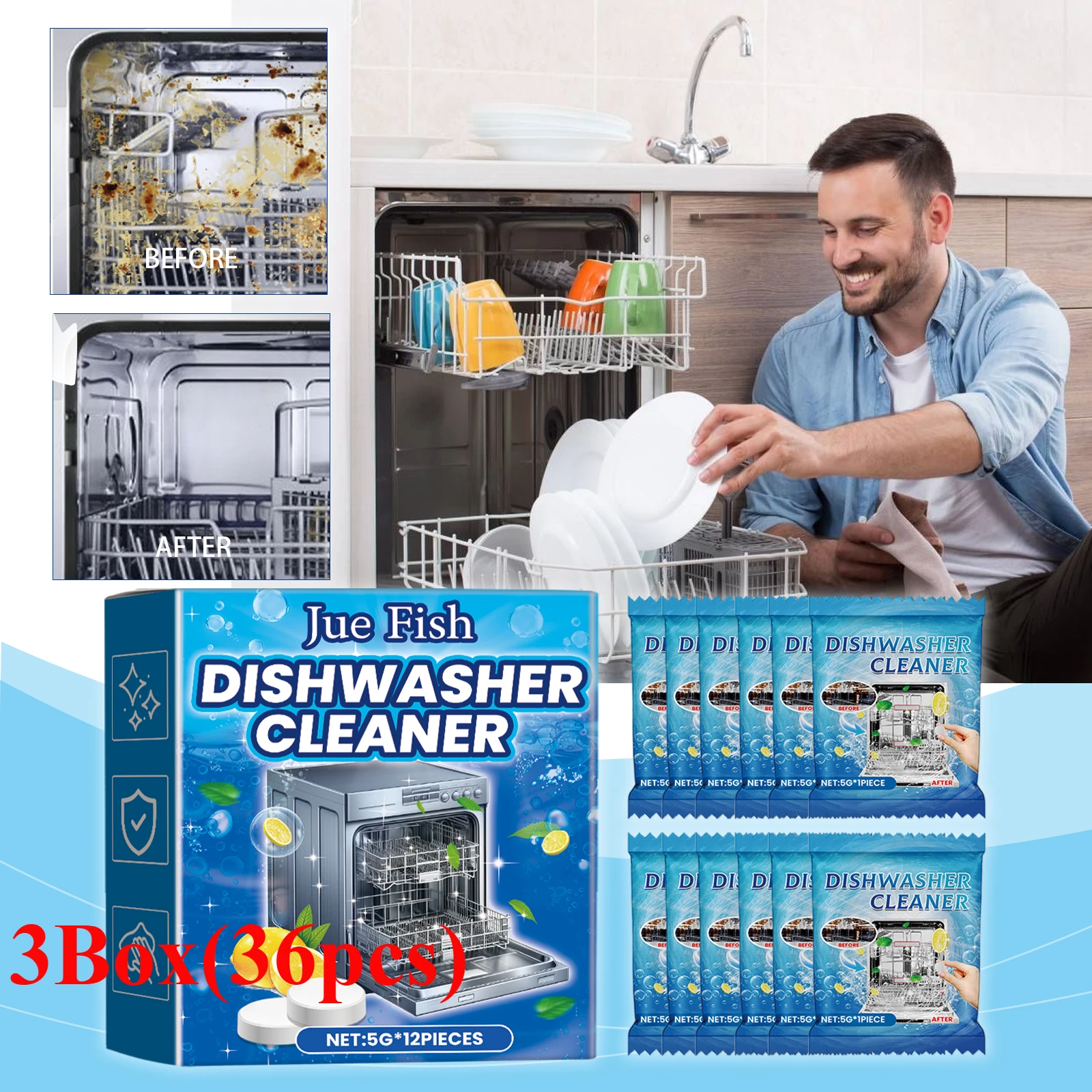 

36pcs Dishwasher Cleaner Strong Oil Stain Removal Kitchen Tableware Descaling Detergent Tablets Kitchen Cleaning Tools