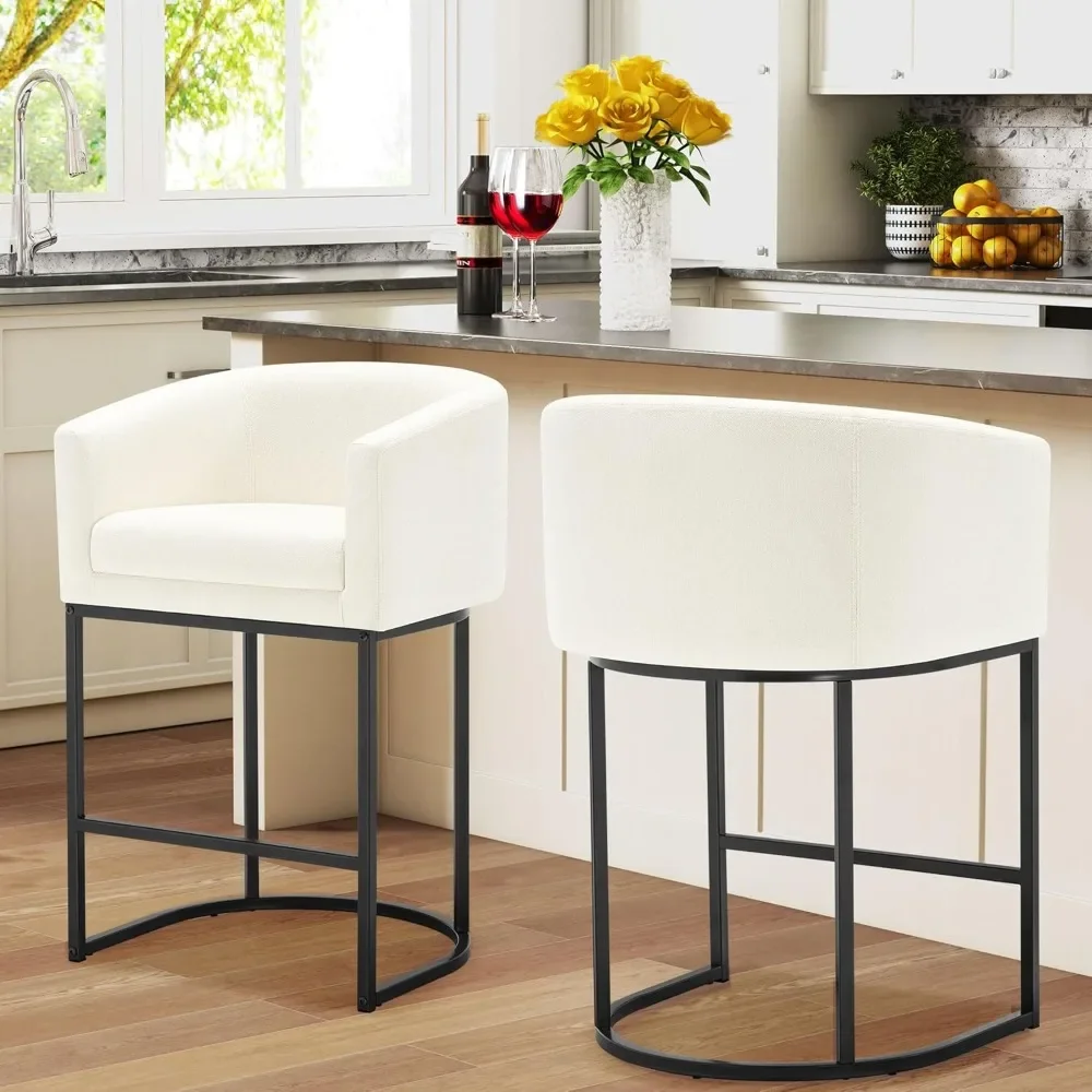 26" Counter Height Bar Stools Set of 2, Modern Counter Stools with Back, Linen Upholstered Barrel Barstools