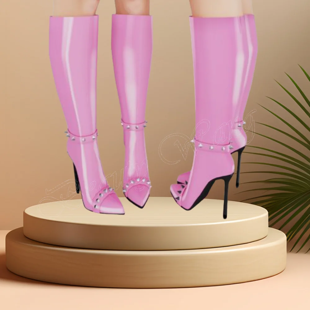 

Pink Rivet Decor Knee High Boots Thick Pointed Toe Solid Shoes High Heel Shoes for Women Runway High Heels 2023 Zapatillas Mujer