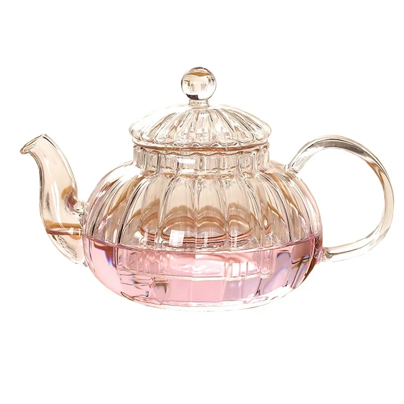 600ml Striped pumpkin shape flower teapot,Heat Resistant Glass Pot,Flower TeaCup Glass Teapot with Infuser Tea Leaf Herbal