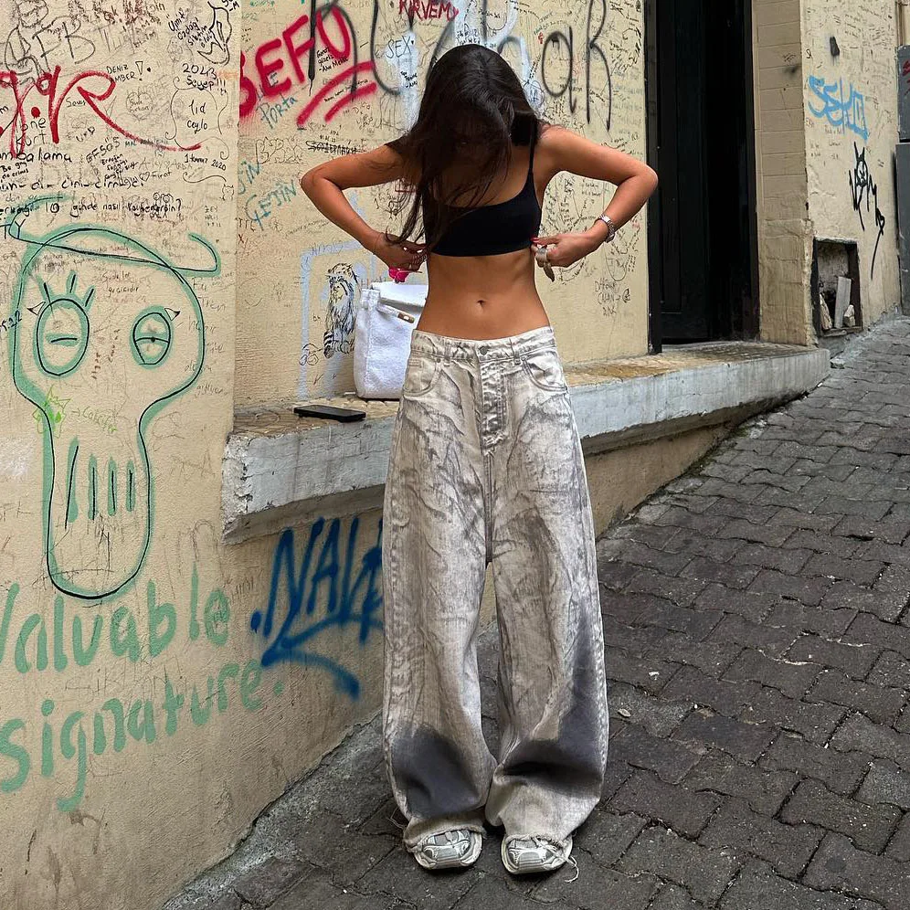 Zekye Winter Pants Women Women Pants Vintage Low-rise Jeans Wide-leg Women's Denim Pants Flared Jeans Women's Clothing